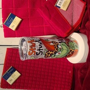 KITCHEN Grinch skinny tumbler, dish mat and towels NWT